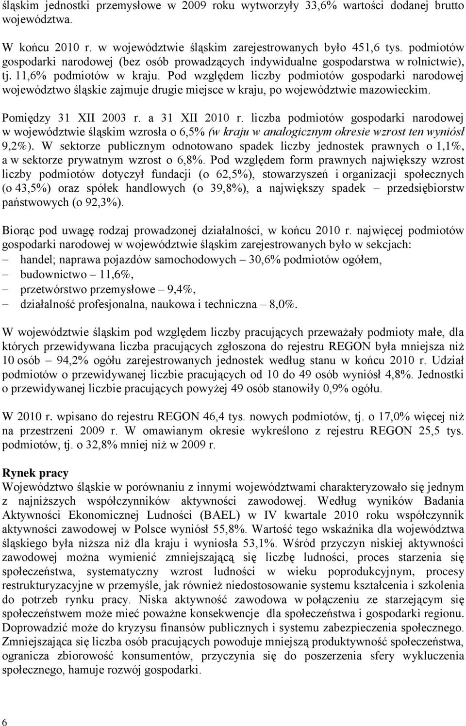 Pod względem liczby podmiotów gospodarki narodowej województwo śląskie zajmuje drugie miejsce w kraju, po województwie mazowieckim. Pomiędzy 31 XII 2003 r. a 31 XII 2010 r.