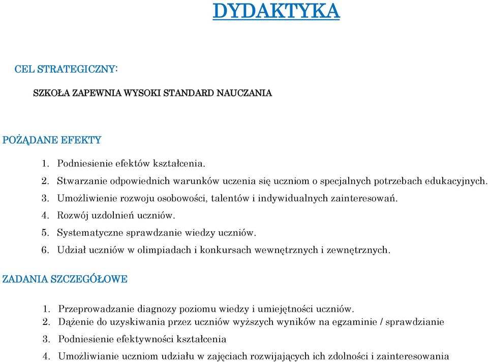 Rozwój uzdolnień uczniów. 5. Systematyczne sprawdzanie wiedzy uczniów. 6. Udział uczniów w olimpiadach i konkursach wewnętrznych i zewnętrznych. ZADANIA SZCZEGÓŁOWE 1.