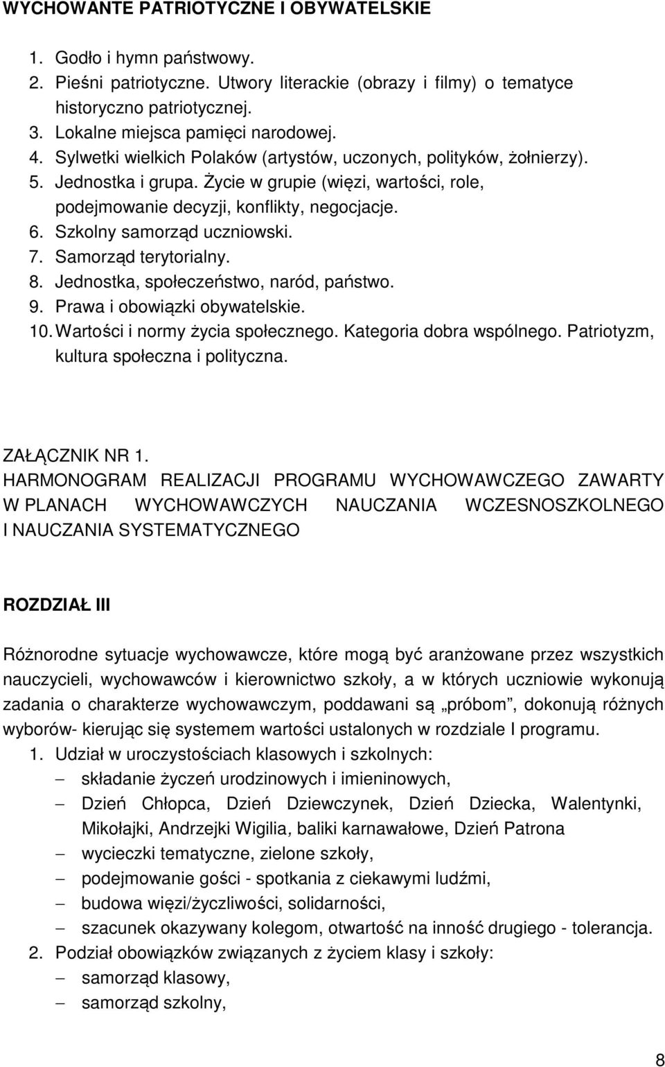 Szkolny samorząd uczniowski. 7. Samorząd terytorialny. 8. Jednostka, społeczeństwo, naród, państwo. 9. Prawa i obowiązki obywatelskie. 10. Wartości i normy życia społecznego.