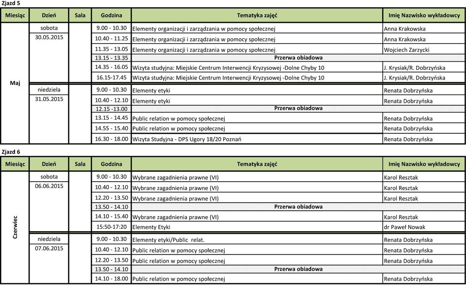 Krysiak/R. Dobrzyńska niedziela 9.00-10.30 Elementy etyki Renata Dobrzyńska 31.05.2015 10.40-12.10 Elementy etyki Renata Dobrzyńska 12.15-13.00 13.15-14.