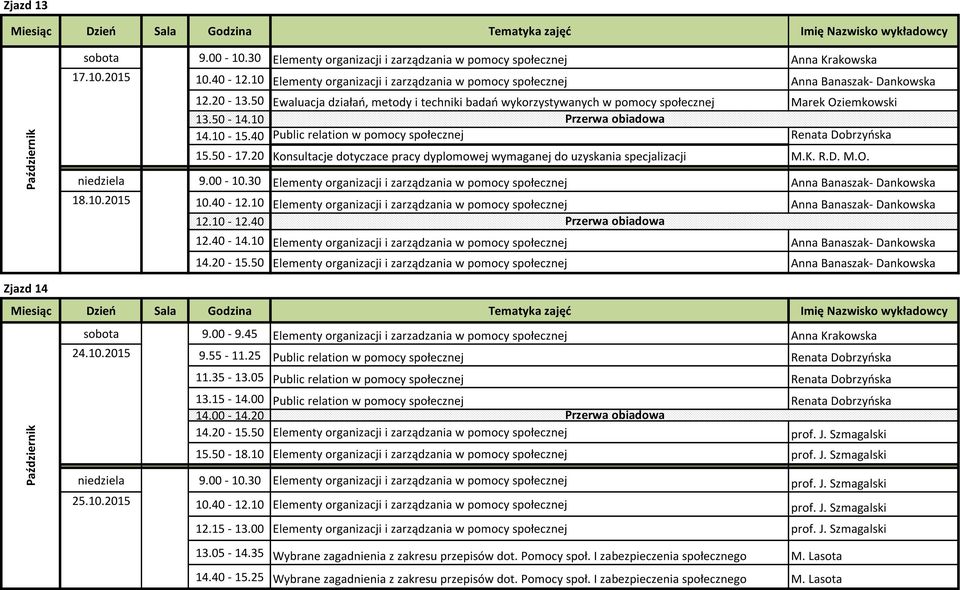 20 Konsultacje dotyczace pracy dyplomowej wymaganej do uzyskania specjalizacji M.K. R.D. M.O. Październik Październik Zjazd 14 niedziela 9.00-10.