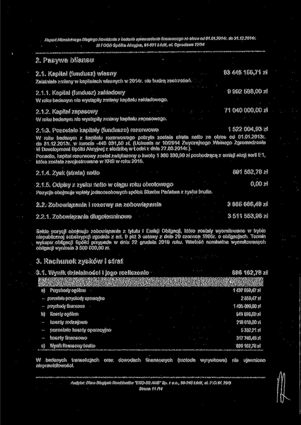 46155,71 zł 9 992 588,00 zł 71 040 000,00 zł 2.1.3. Pozostałe kapitały (fundusze) rezerwowe 1 522 004,93 zł W roku badanym z kapitału rezerwowego pokryta została strata netto za okres od 01.01.2013r.