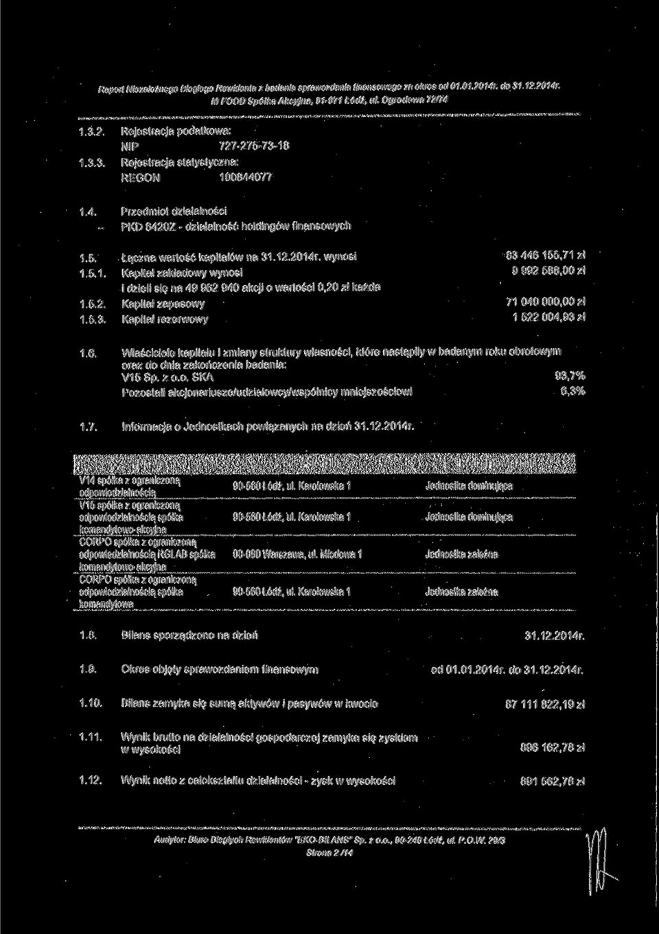 Kapitał rezerwowy 83446 155,71 zł 9 992 588,00 zł 71 040 000,00 zł 1 522 004,93 zł 1.6. Właściciele kapitału i zmiany struktury własności, które nastąpiły w badanym roku obrotowym oraz do dnia zakończenia badania: V15Sp.