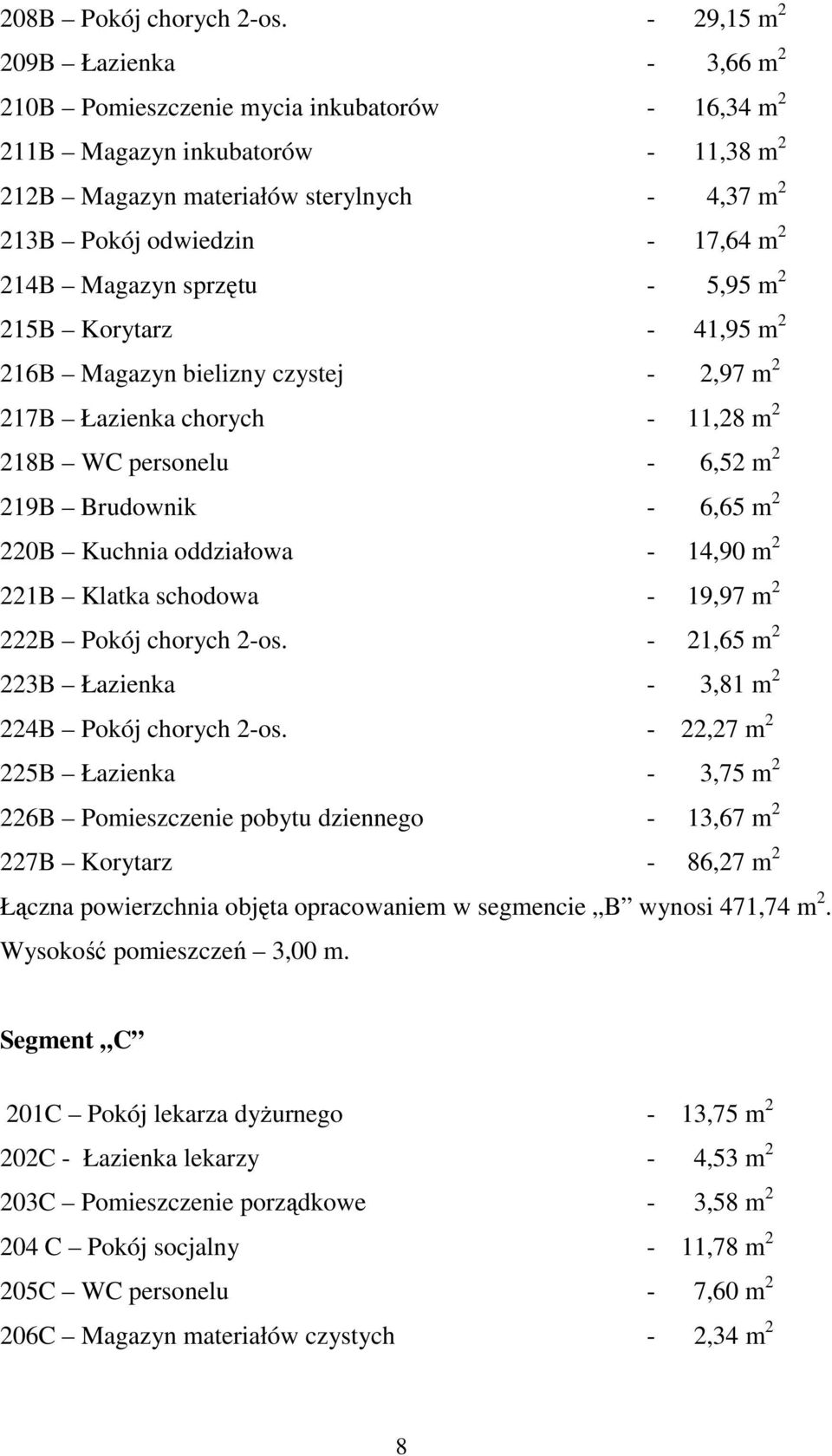 2 214B Magazyn sprzętu - 5,95 m 2 215B Korytarz - 41,95 m 2 216B Magazyn bielizny czystej - 2,97 m 2 217B Łazienka chorych - 11,28 m 2 218B WC personelu - 6,52 m 2 219B Brudownik - 6,65 m 2 220B