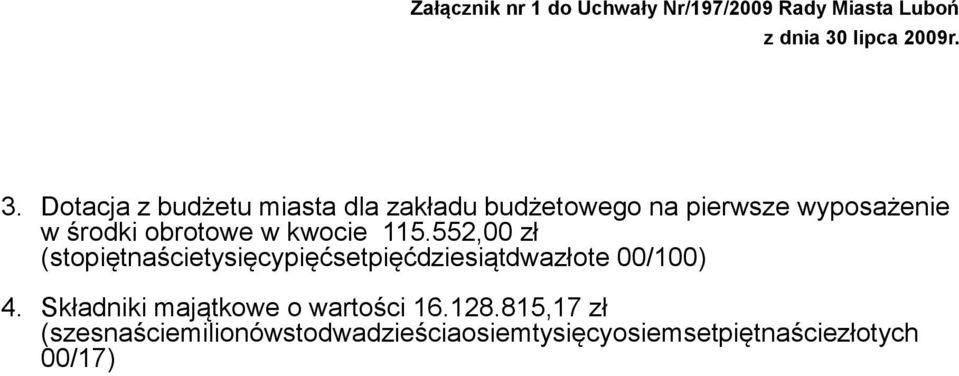 Dotacja z budżetu miasta dla zakładu budżetowego na pierwsze wyposażenie w środki obrotowe w