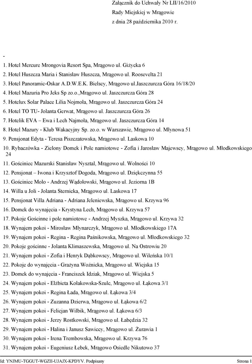 Jaszczurcza Góra 28 5. Hotelux Solar Palace Lilia Nojmoła, Mrągowo ul. Jaszczurcza Góra 24 6. Hotel TO TU- Jolanta Gerwat, Mrągowo ul. Jaszczurcza Góra 26 7.