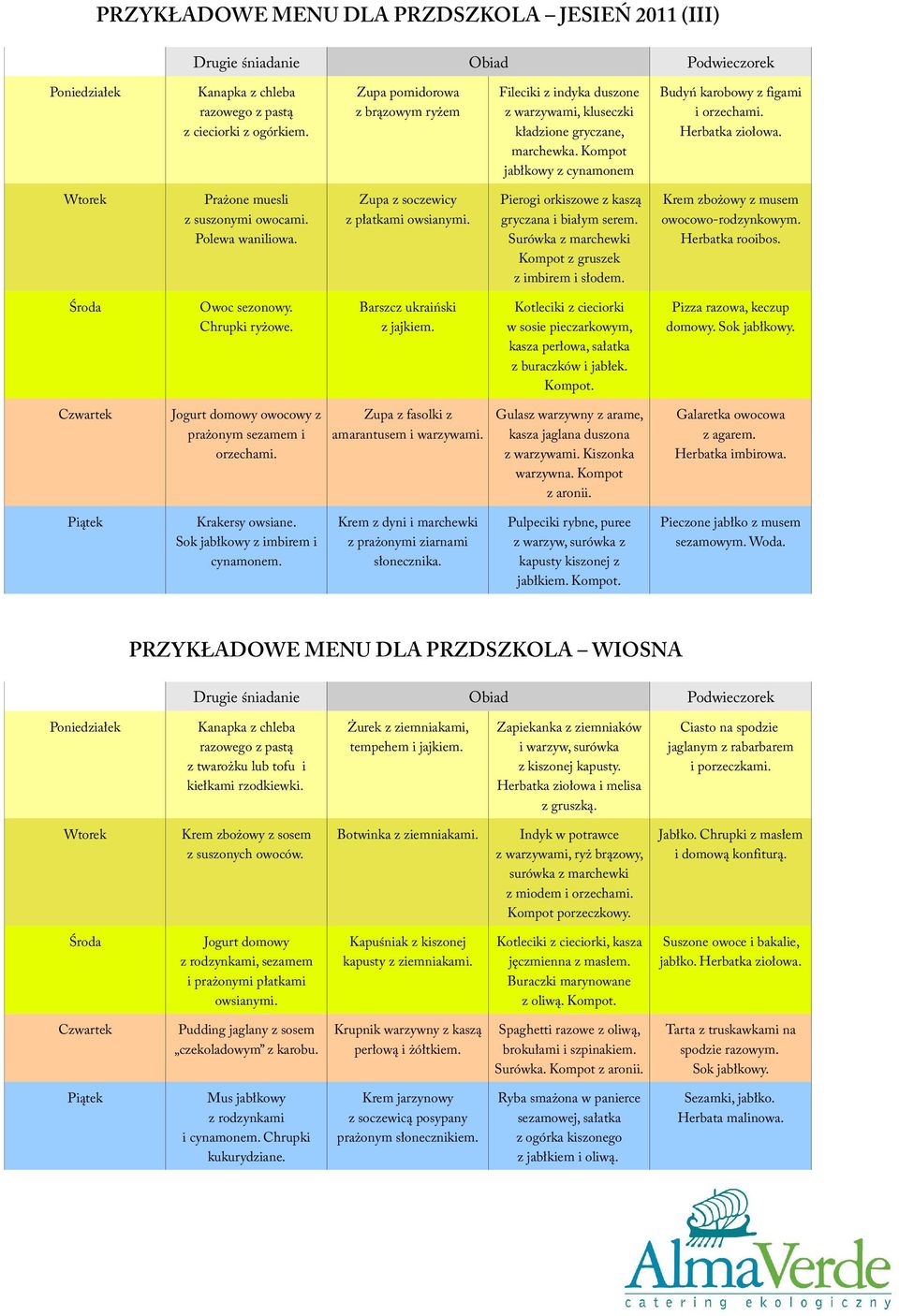 Prażone muesli z suszonymi owocami. Polewa waniliowa. Zupa z soczewicy z płatkami owsianymi. Pierogi orkiszowe z kaszą gryczana i białym serem. Surówka z marchewki Kompot z gruszek z imbirem i słodem.