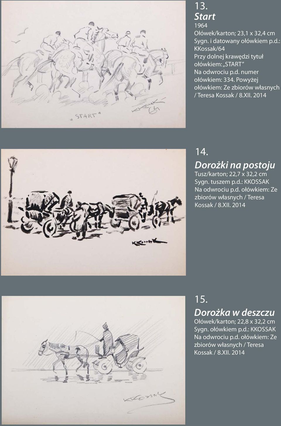 Powyżej ołówkiem: Ze zbiorów własnych / Teresa 14. Dorożki na postoju Tusz/karton; 22,7 x 32,2 cm Sygn.