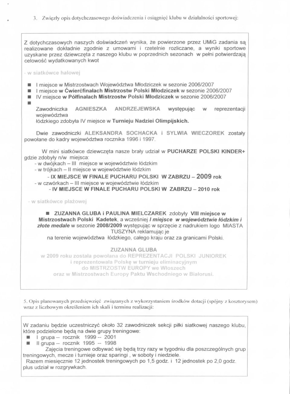 miejsce w Mistrzostwach Wojewodztwa Mtodziczek w sezonie 2006/2007 I miejsce w Cwiercfinalach Mistrzostw Polski Mlodziczek w sezonie 2006/2007 IV miejsce w Potfinalach Mistrzostw Polski Mlodziczek w