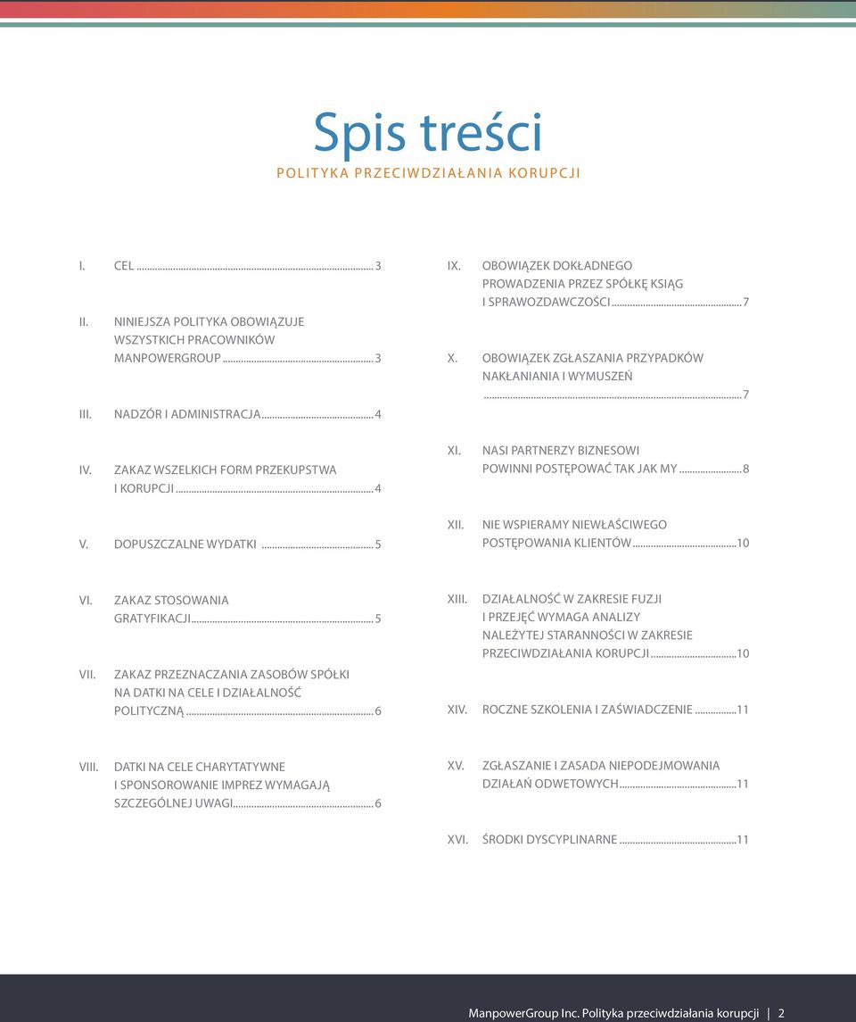 NASI PARTNERZY BIZNESOWI POWINNI POSTĘPOWAĆ TAK JAK MY...8 V. DOPUSZCZALNE WYDATKI...5 XII. NIE WSPIERAMY NIEWŁAŚCIWEGO POSTĘPOWANIA KLIENTÓW...10 VI. ZAKAZ STOSOWANIA GRATYFIKACJI...5 XIII.