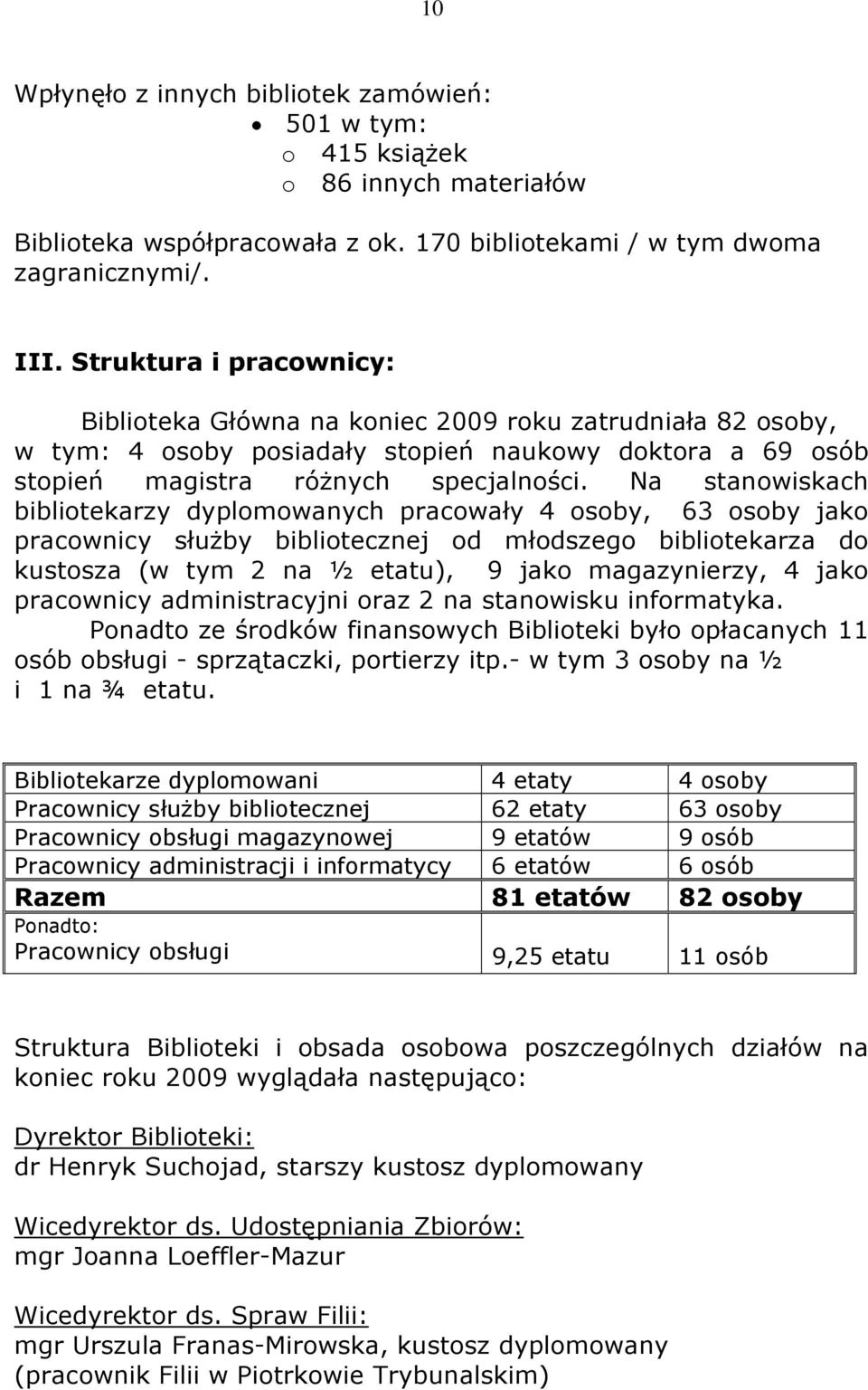 Na stanowiskach bibliotekarzy dyplomowanych pracowały 4 osoby, 63 osoby jako pracownicy służby bibliotecznej od młodszego bibliotekarza do kustosza (w tym 2 na ½ etatu), 9 jako magazynierzy, 4 jako