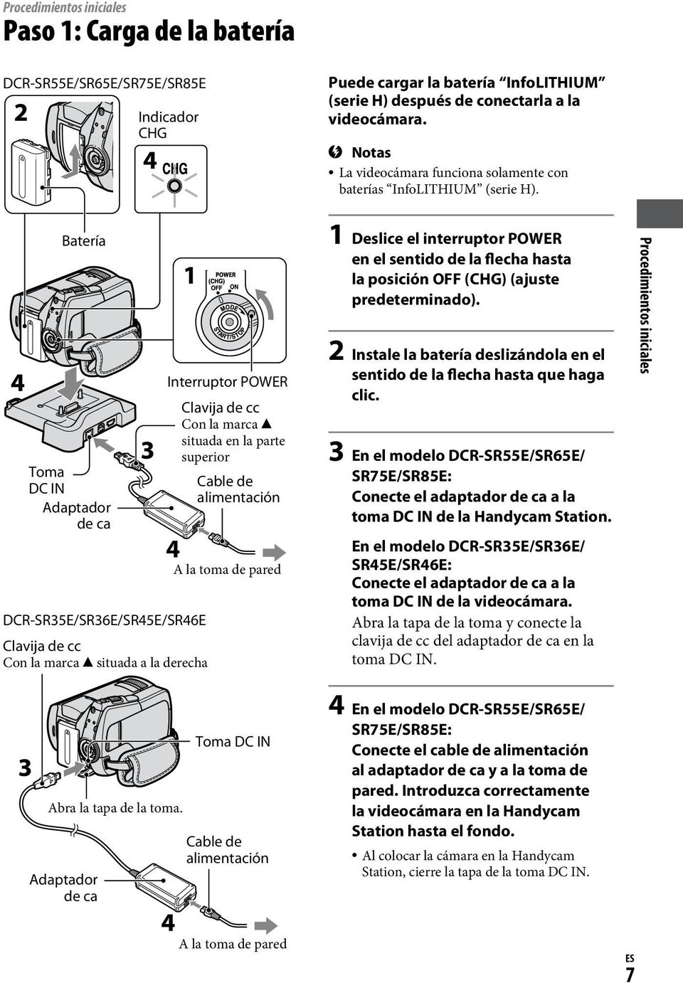 Batería Toma DC IN Adaptador de ca 4 DCR-SR35E/SR36E/SR45E/SR46E Clavija de cc Con la marca situada a la derecha Interruptor POWER Clavija de cc Con la marca situada en la parte superior Cable de