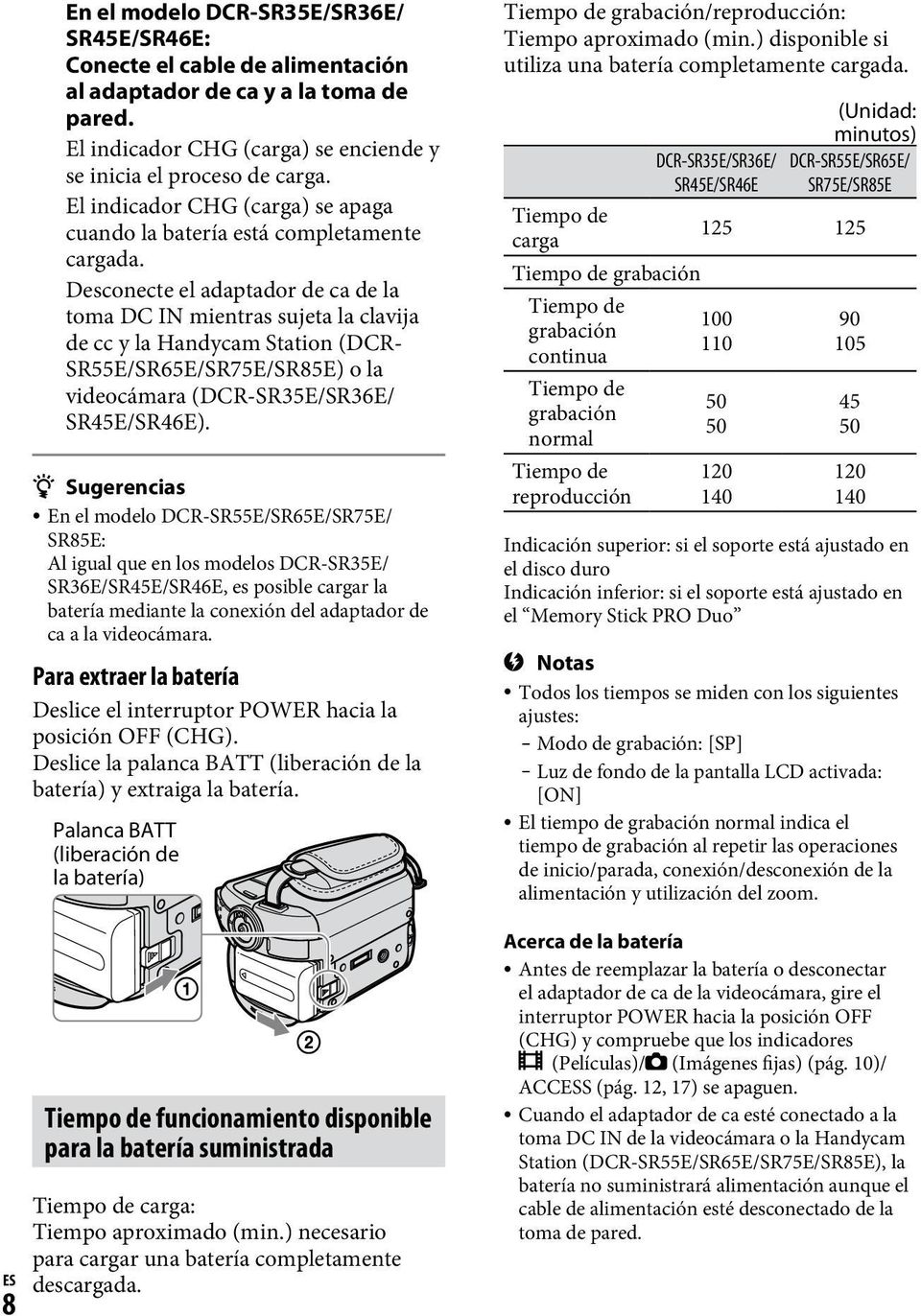 Desconecte el adaptador de ca de la toma DC IN mientras sujeta la clavija de cc y la Handycam Station (DCR- SR55E/SR65E/SR75E/SR85E) o la videocámara (DCR-SR35E/SR36E/ SR45E/SR46E).