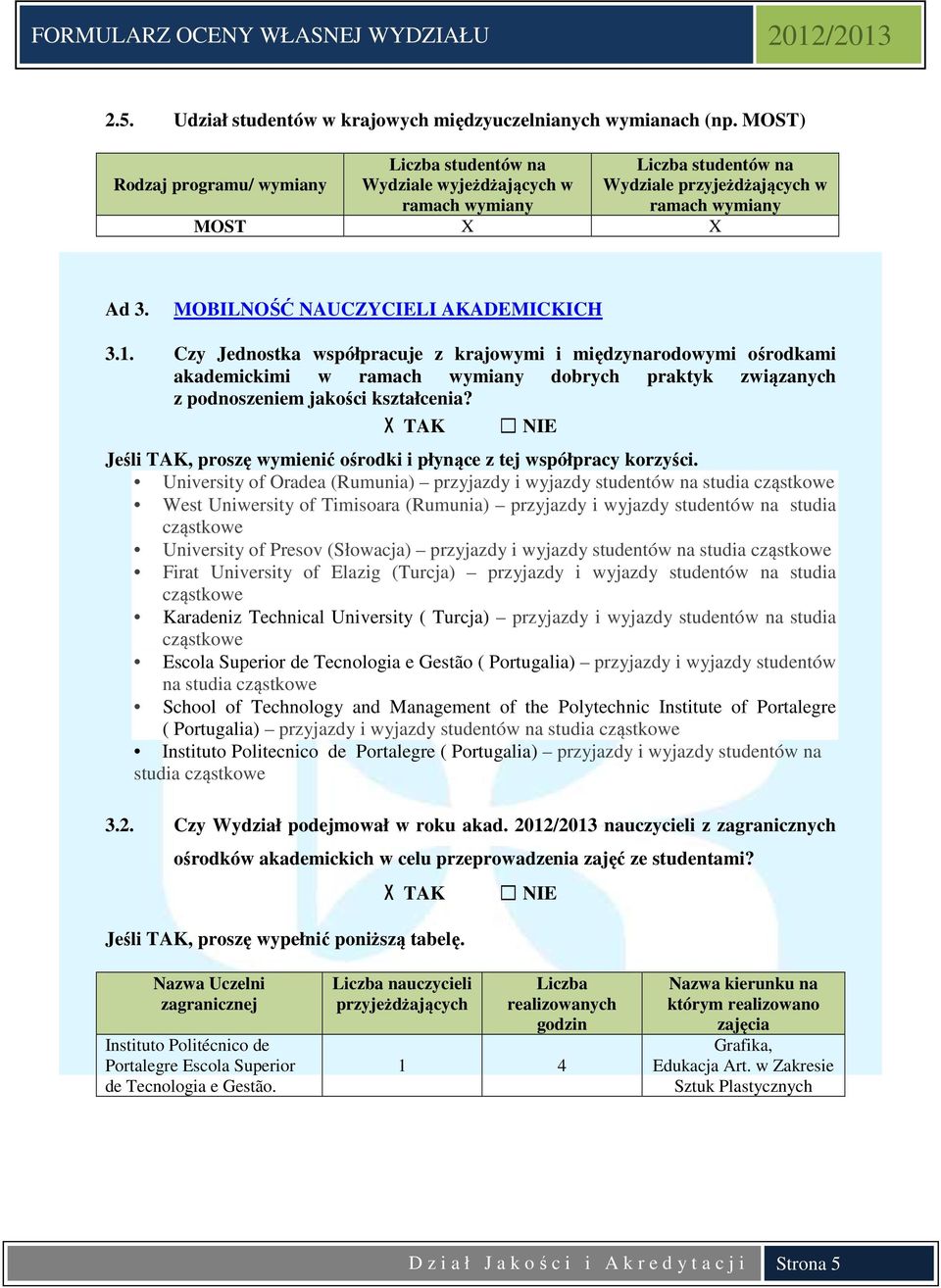 MOBILNOŚĆ NAUCZYCIELI AKADEMICKICH 3.1. Czy Jednostka współpracuje z krajowymi i międzynarodowymi ośrodkami akademickimi w ramach wymiany dobrych praktyk związanych z podnoszeniem jakości kształcenia?