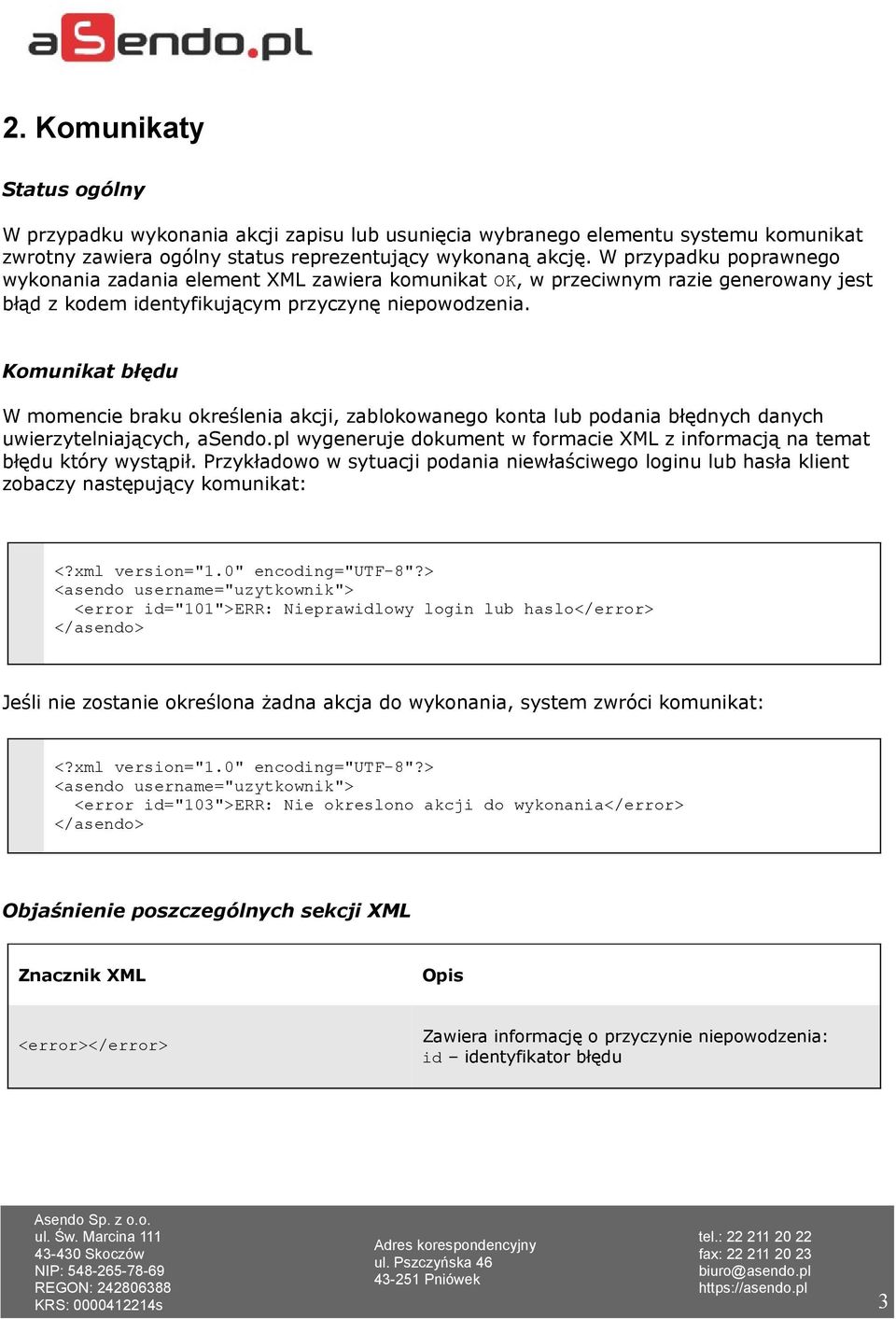 Komunikat błędu W momencie braku określenia akcji, zablokowanego konta lub podania błędnych danych uwierzytelniających, asendo.