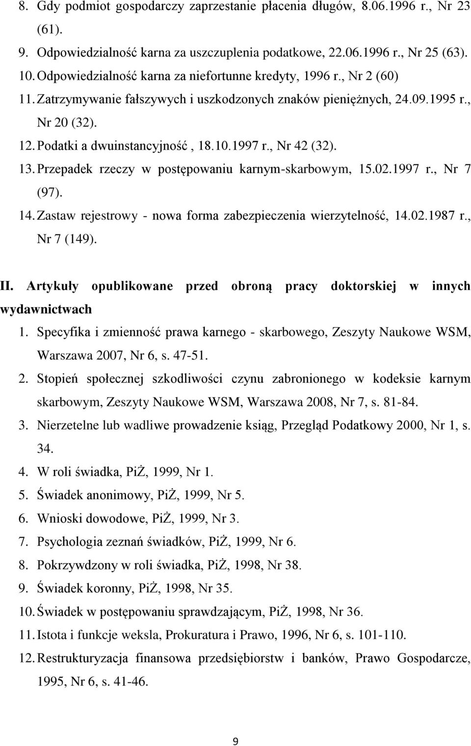 1997 r., Nr 42 (32). 13. Przepadek rzeczy w postępowaniu karnym-skarbowym, 15.02.1997 r., Nr 7 (97). 14. Zastaw rejestrowy - nowa forma zabezpieczenia wierzytelność, 14.02.1987 r., Nr 7 (149). II.