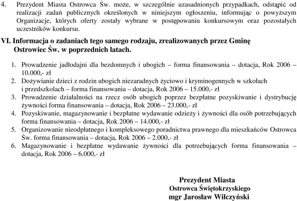 postępowaniu konkursowym oraz pozostałych uczestników konkursu. VI. Informacja o zadaniach tego samego rodzaju, zrealizowanych przez Gminę Ostrowiec Św. w poprzednich latach. 1.