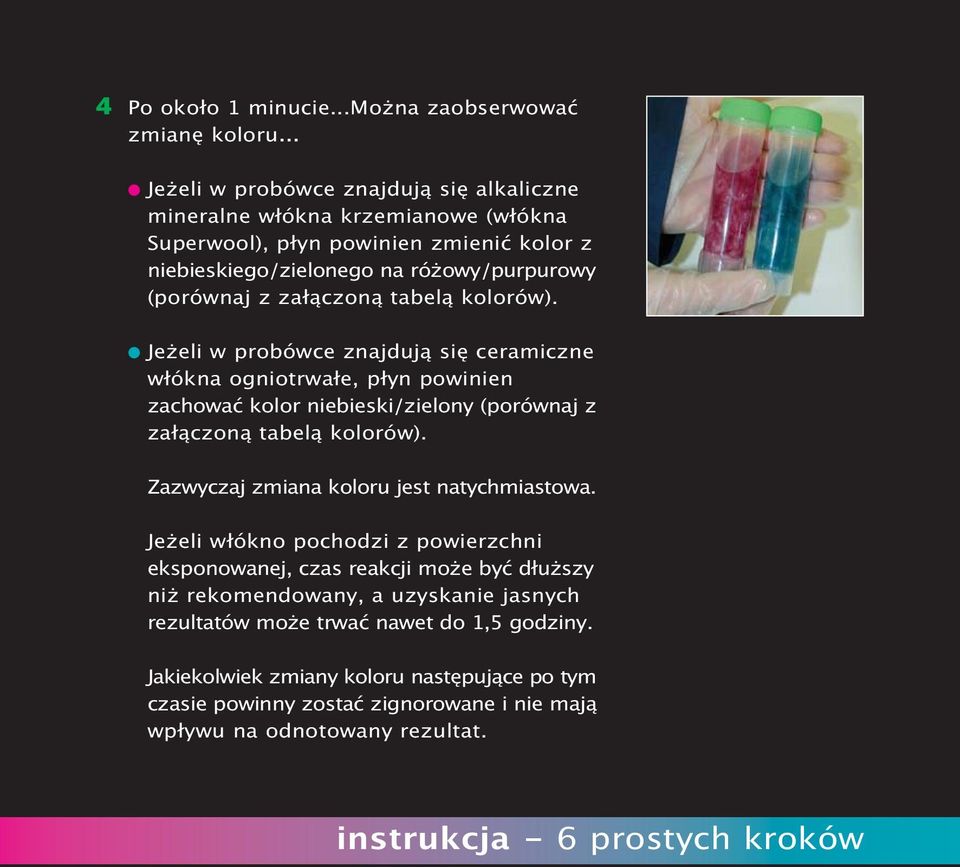 tabelą kolorów). Jeżeli w probówce znajdują się ceramiczne włókna ogniotrwałe, płyn powinien zachować kolor niebieski/zielony (porównaj z załączoną tabelą kolorów).