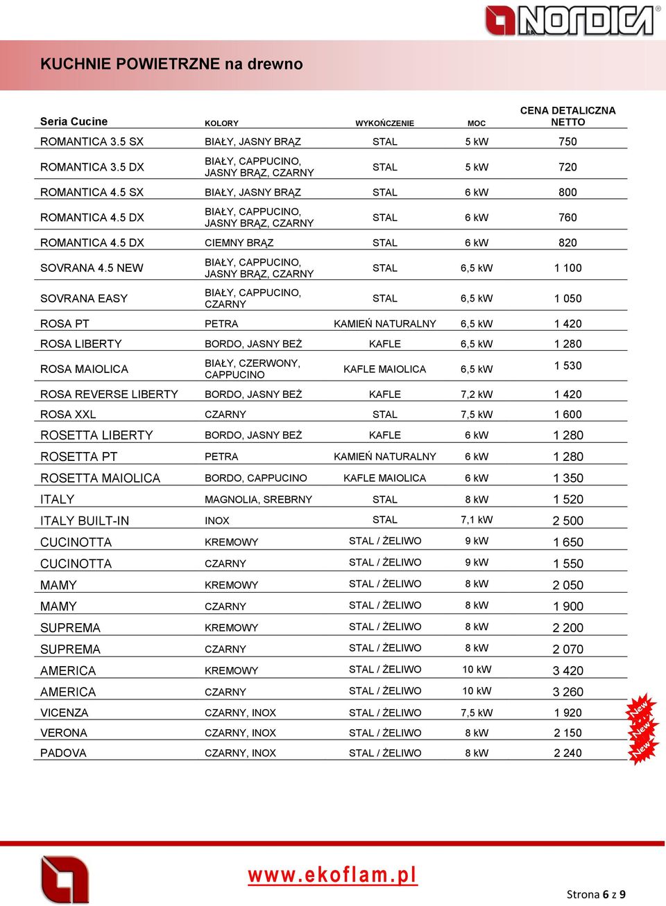 5 NEW SOVRANA EASY BIAŁY,, JASNY BRĄZ, CZARNY BIAŁY,, CZARNY STAL 6,5 kw 1 100 STAL 6,5 kw 1 050 ROSA PT PETRA KAMIEŃ NATURALNY 6,5 kw 1 420 ROSA LIBERTY BORDO, JASNY BEŻ KAFLE 6,5 kw 1 280 ROSA