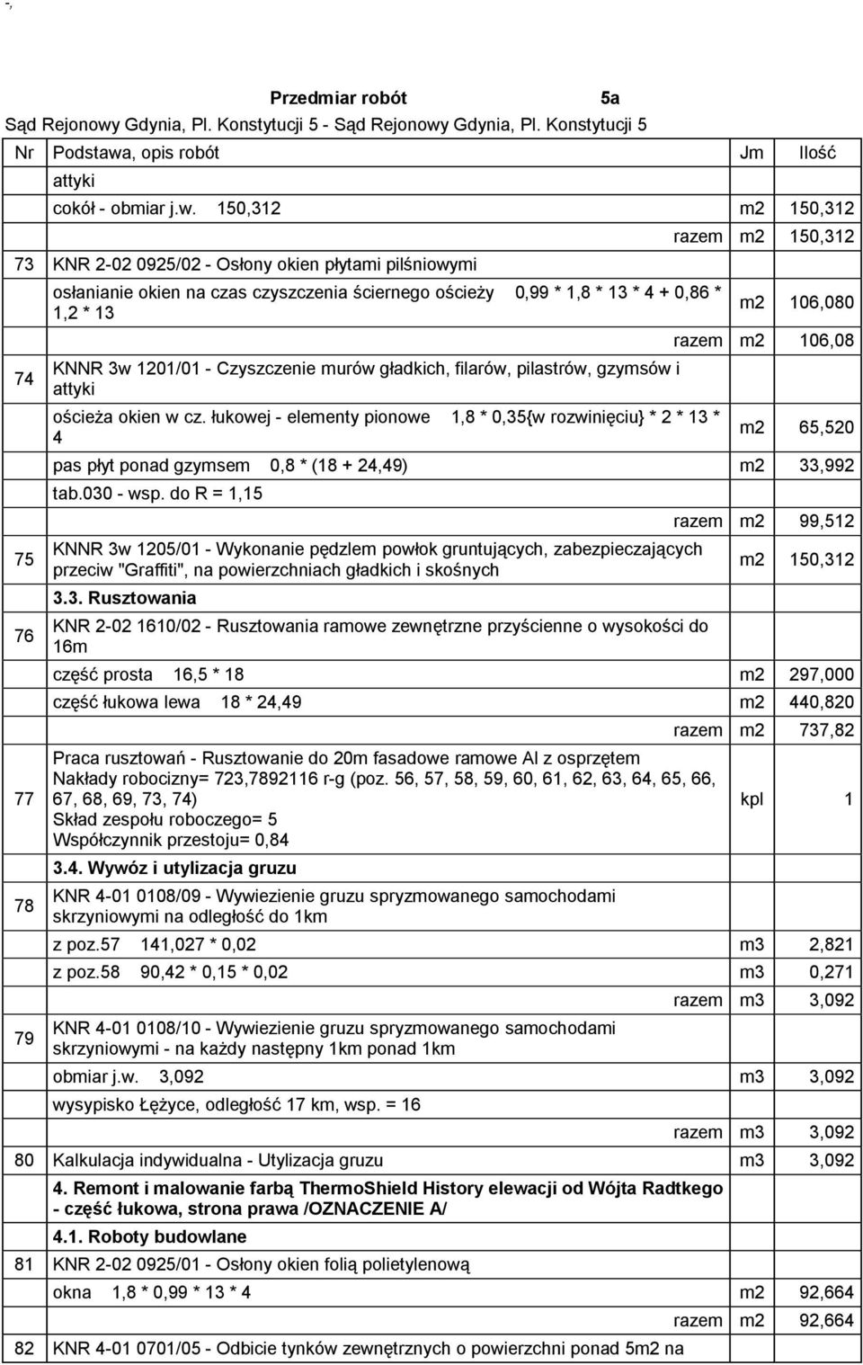 150,312 m2 150,312 73 KNR 2-02 0925/02 - Osłony okien płytami pilśniowymi 74 75 76 77 78 79 osłanianie okien na czas czyszczenia ściernego ościeży 0,99 * 1,8 * 13 * 4 + 0,86 * 1,2 * 13 KNNR 3w