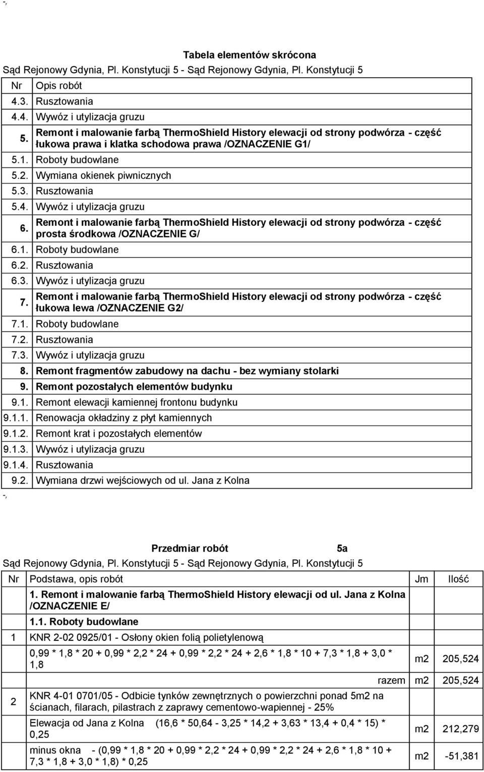 Rusztowania 5.4. Wywóz i utylizacja gruzu 6. Remont i malowanie farbą ThermoShield History elewacji od strony podwórza - część prosta środkowa /OZNACZENIE G/ 6.1. Roboty budowlane 6.2. Rusztowania 6.