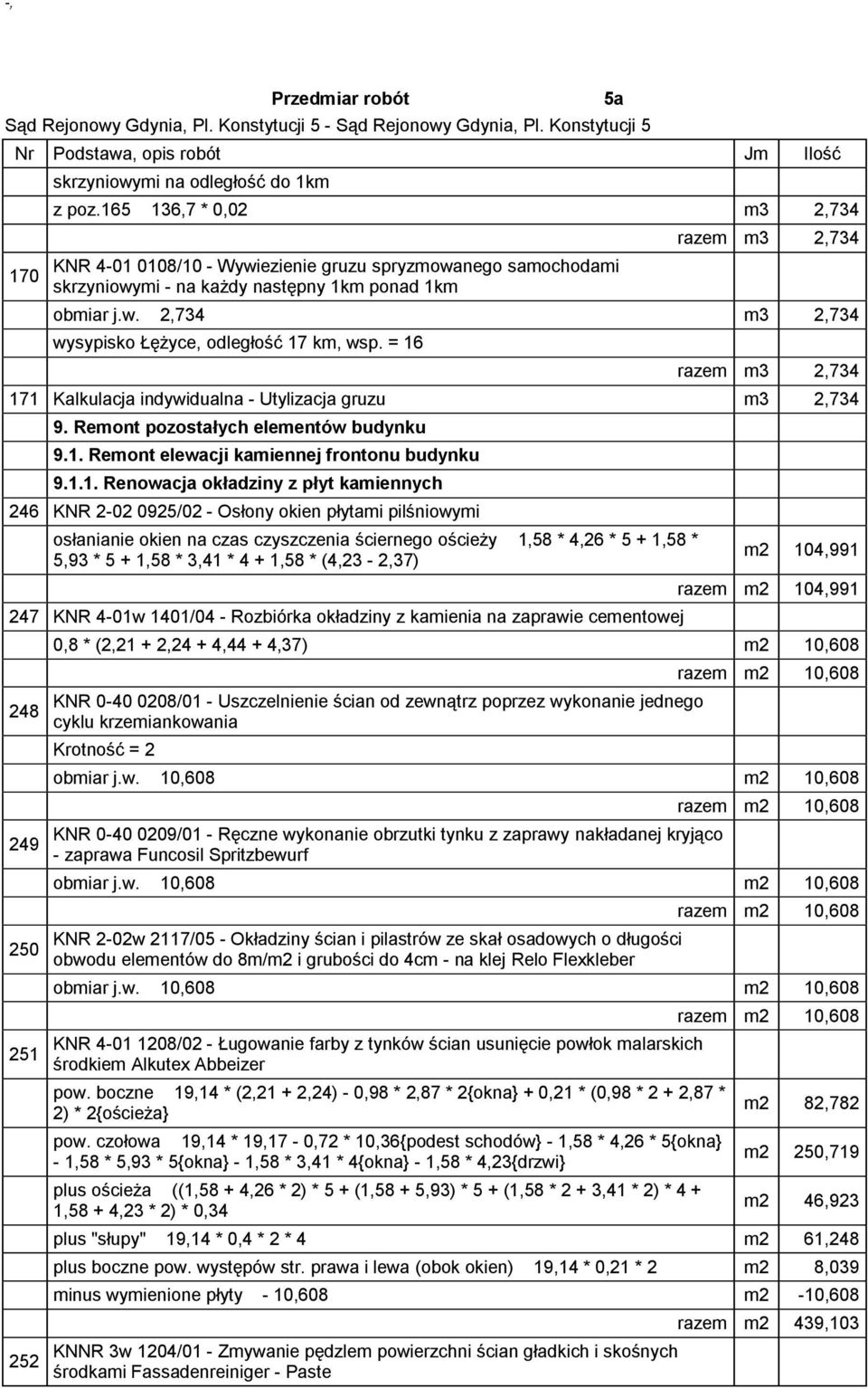 = 16 razem m3 2,734 171 Kalkulacja indywidualna - Utylizacja gruzu m3 2,734 9. Remont pozostałych elementów budynku 9.1. Remont elewacji kamiennej frontonu budynku 9.1.1. Renowacja okładziny z płyt