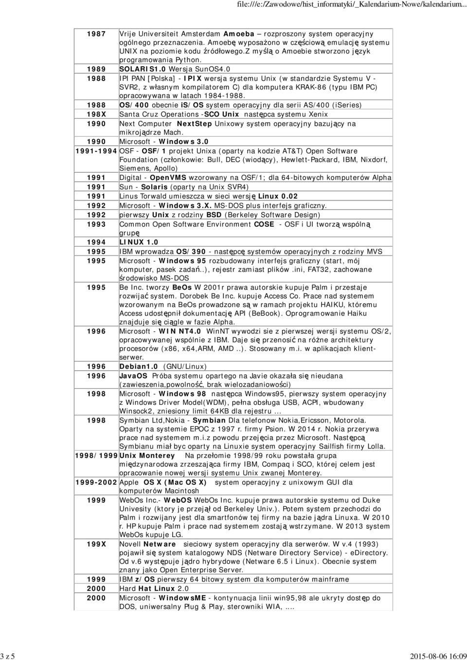 0 1988 IPI PAN [Polska] - IPIX wersja systemu Unix (w standardzie Systemu V - SVR2, z w asnym kompilatorem C) dla komputera KRAK-86 (typu IBM PC) opracowywana w latach 1984-1988.