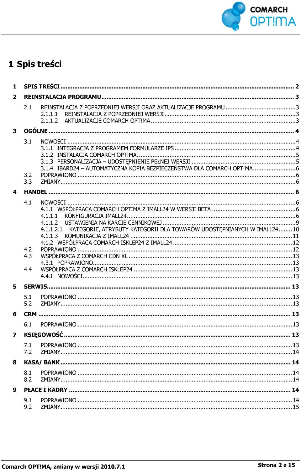 MA... 6 3.2 POPRAWIONO... 6 3.3 ZMIANY... 6 4 HANDEL... 6 4.1 NOWOŚCI... 6 4.1.1 WSPÓŁPRACA COMARCH OPTIMA Z IMALL24 W WERSJI BETA... 6 4.1.1.1 KONFIGURACJA IMALL24... 6 4.1.1.2 USTAWIENIA NA KARCIE CENNIKOWEJ.