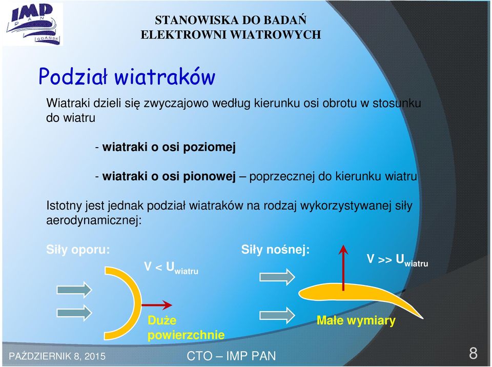 wiatru Istotny jest jednak podział wiatraków na rodzaj wykorzystywanej siły aerodynamicznej: Siły