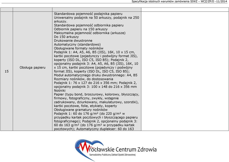 nośników Podajnik 1: A4, A5, A6, B5 (JIS), 16K, 10 x 15 cm, kartki pocztowe (pojedynczy i podwójny format JIS), koperty (ISO DL, ISO C5, ISO B5); Podajnik 2, opcjonalny podajnik 3: A4, A5, A6, B5