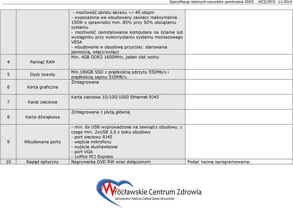 włącz/wyłącz Min. 4GB DDR3 1600MHz, jeden slot wolny Min.180GB SSD z prędkością odczytu 550Mb/s i prędkością zapisu 520MB/s.