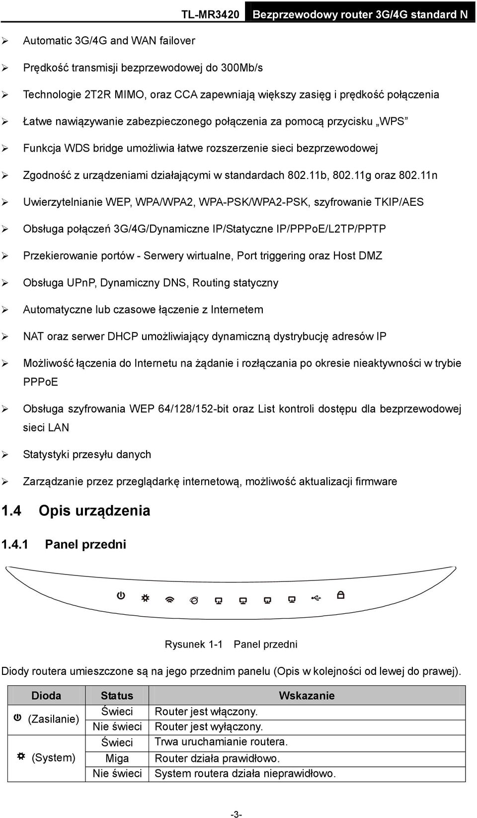 11n Uwierzytelnianie WEP, WPA/WPA2, WPA-PSK/WPA2-PSK, szyfrowanie TKIP/AES Obsługa połączeń 3G/4G/Dynamiczne IP/Statyczne IP/PPPoE/L2TP/PPTP Przekierowanie portów - Serwery wirtualne, Port triggering