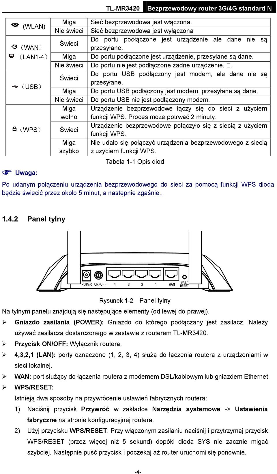 (USB) Miga Do portu USB podłączony jest modem, przesyłane są dane. Nie świeci Do portu USB nie jest podłączony modem. Miga wolno Urządzenie bezprzewodowe łączy się do sieci z użyciem funkcji WPS.