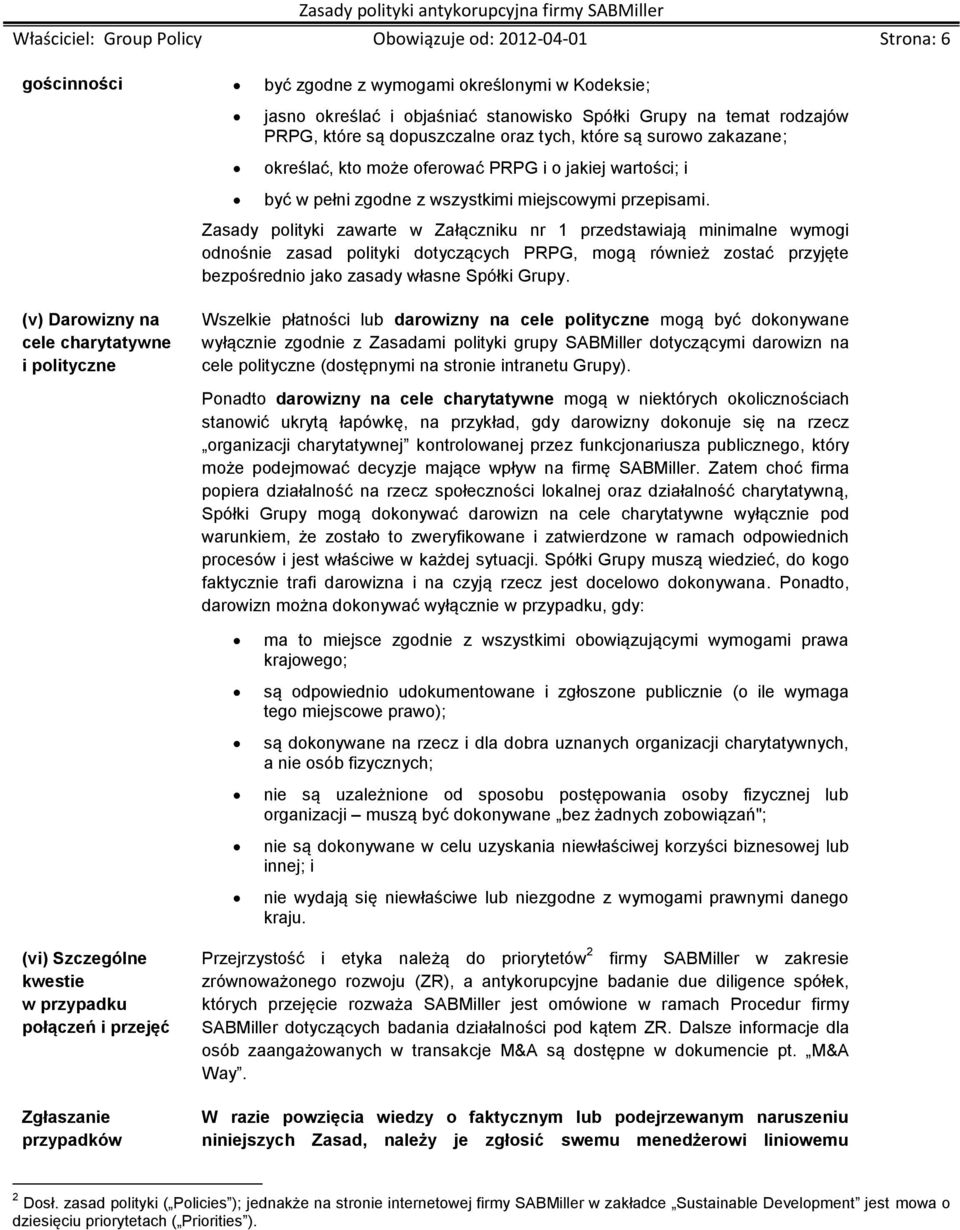 Zasady polityki zawarte w Załączniku nr 1 przedstawiają minimalne wymogi odnośnie zasad polityki dotyczących PRPG, mogą również zostać przyjęte bezpośrednio jako zasady własne Spółki Grupy.