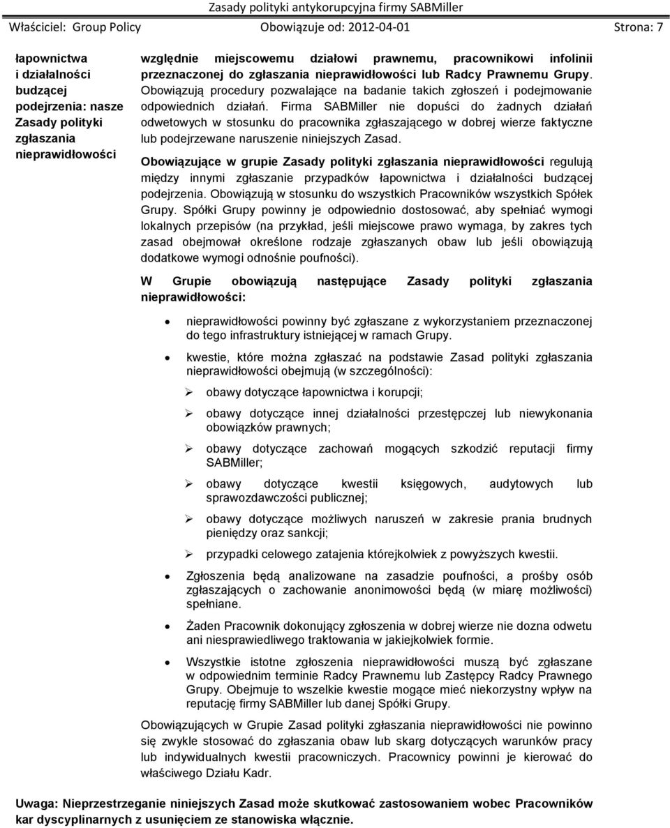 Firma SABMiller nie dopuści do żadnych działań odwetowych w stosunku do pracownika zgłaszającego w dobrej wierze faktyczne lub podejrzewane naruszenie niniejszych Zasad.