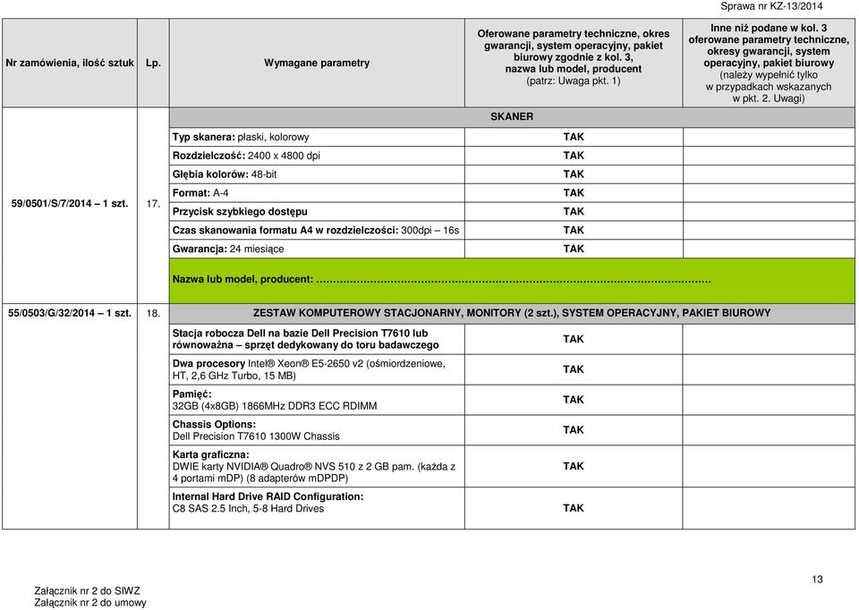 miesiące Nazwa lub model, producent: 55/0503/G/32/2014 1 szt. 18. ZESTAW KOMPUTEROWY STACJONARNY, MONITORY (2 szt.