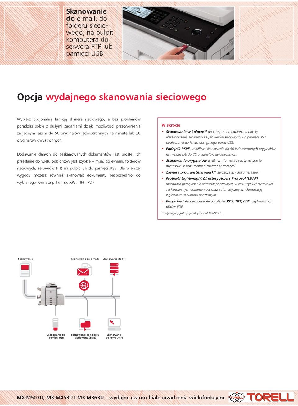 Dodawanie danych do zeskanowanych dokumentów jest proste, ich przesłanie do wielu odbiorców jest szybkie m.in. do e-maili, folderów sieciowych, serwerów FTP, na pulpit lub do pamięci USB.