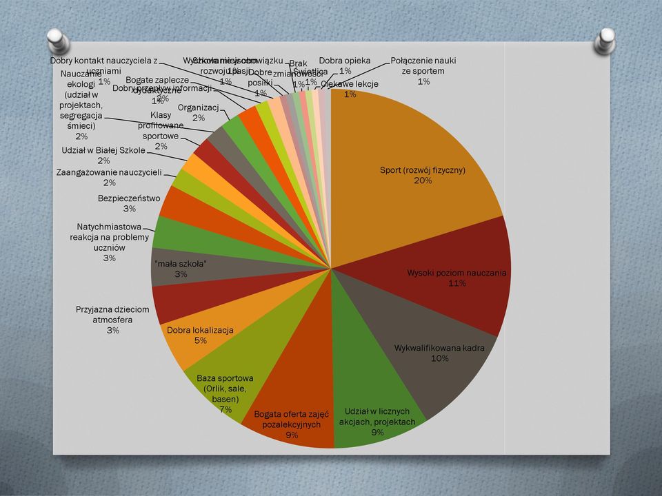 Bezpieczeństwo 3% Klasy profilowane sportowe 2% Połączenie nauki ze sportem 1% Sport (rozwój fizyczny) 20% Natychmiastowa reakcja na problemy uczniów 3% "mała szkoła" 3% Wysoki poziom