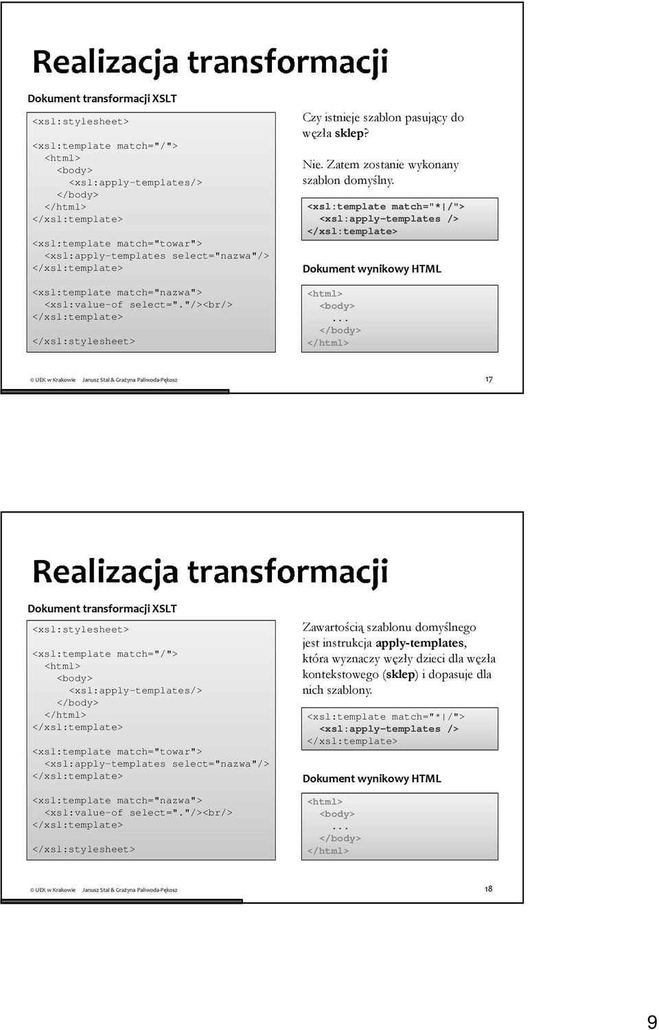 .. 17 Dokument transformacji XSLT Zawartością szablonu domyślnego jest instrukcja apply-templates, która