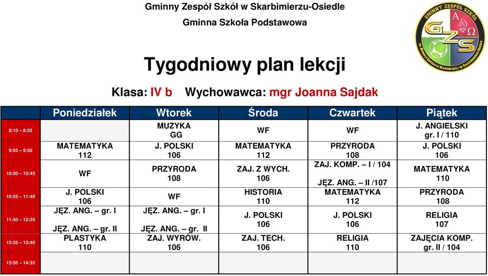 ANG. gr. I Z. ANG. gr. II ZAJ. WYRÓW. ZAJ. Z WYCH. HISTORIA ZAJ. TECH.