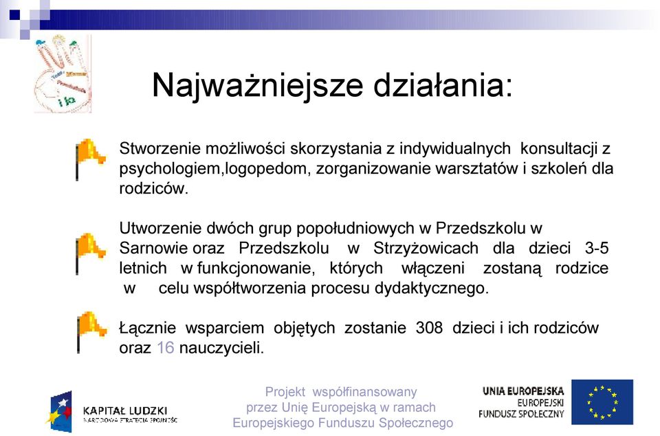 Utworzenie dwóch grup popołudniowych w Przedszkolu w Sarnowie oraz Przedszkolu w Strzyżowicach dla dzieci 3-5