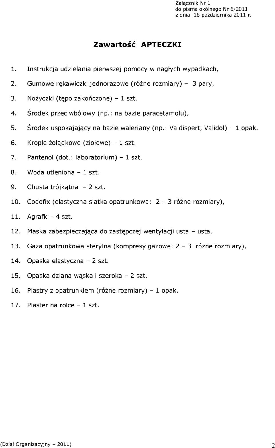 : Valdispert, Validol) 1 opak. 6. Krople Ŝołądkowe (ziołowe) 1 szt. 7. Pantenol (dot.: laboratorium) 1 szt. 8. Woda utleniona 1 szt. 9. Chusta trójkątna 2 szt. 10.