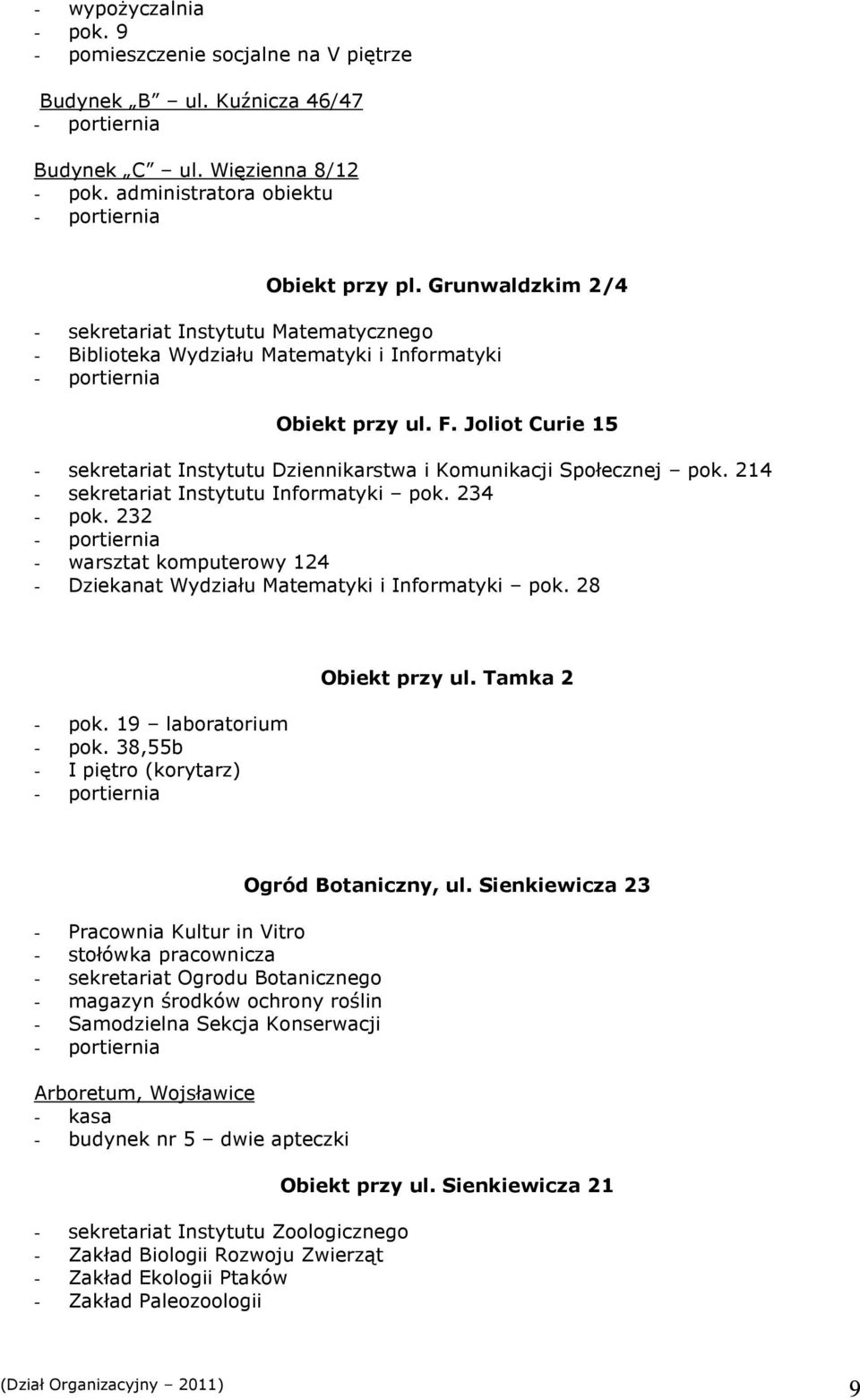 Joliot Curie 15 - sekretariat Instytutu Dziennikarstwa i Komunikacji Społecznej pok. 214 - sekretariat Instytutu Informatyki pok. 234 - pok.