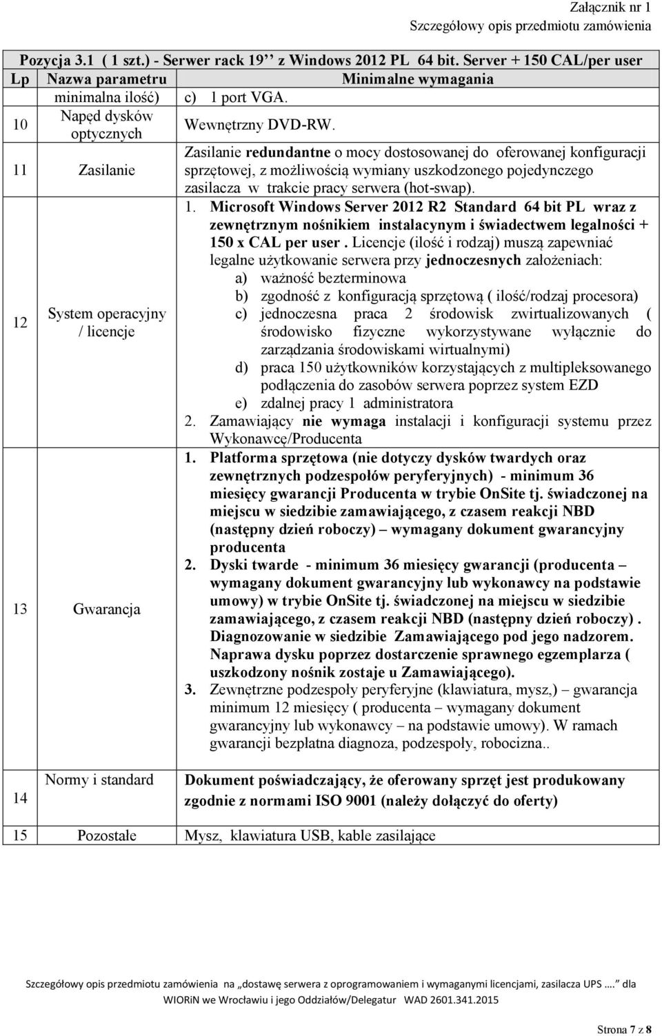 11 Zasilanie Zasilanie redundantne o mocy dostosowanej do oferowanej konfiguracji sprzętowej, z możliwością wymiany uszkodzonego pojedynczego 12 System operacyjny / licencje 13 Gwarancja zasilacza w