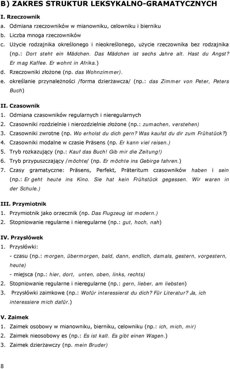 Rzeczowniki złożone (np. das Wohnzimmer). e. określanie przynależności /forma dzierżawcza/ (np.: das Zimmer von Peter, Peters Buch) II. Czasownik 1. Odmiana czasowników regularnych i nieregularnych 2.