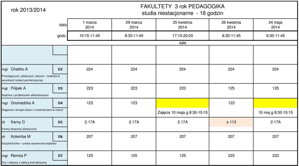 Filipek A D3 3 3 3 5 5 Rodzina z problemami alkoholowymi mgr Gromadzka A D4 3 3 3 Diagnoza i terapia dzieci z trudnościami w nauce Zajęcia 10 maja g :30-15:15