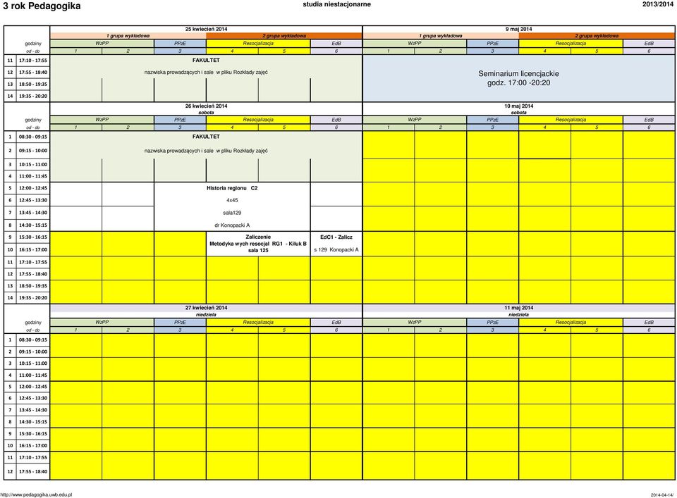 Konopacki A 10 16:15-17:00 Zaliczenie Metodyka wych resocjal RG1 - Kiluk B sala 5 EdC1 - Zalicz s Konopacki A 17:55-1:40 13 1:50-1:35 14 1:35-0:0