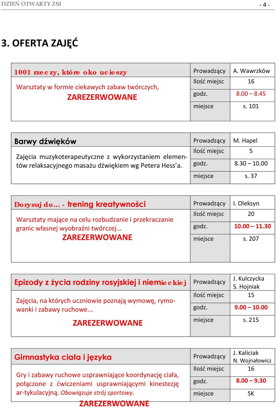 Oleksyn Warsztaty mające na celu rozbudzanie i przekraczanie granic własnej wyobraźni twórczej... godz. 10.00 11.30 s. 207 J. Kulczycka Epizody z życia rodziny rosyjskiej i niemieckiej Prowadzący S.