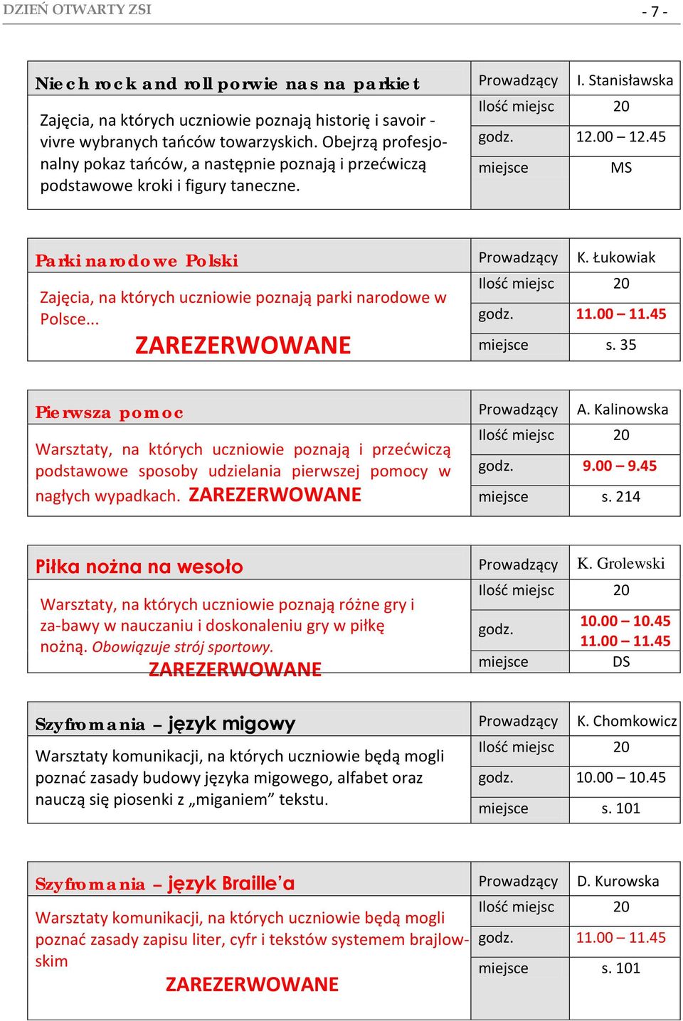 Łukowiak Zajęcia, na których uczniowie poznają parki narodowe w Polsce... godz. 11.00 11.45 s. 35 Pierwsza pomoc Prowadzący A.