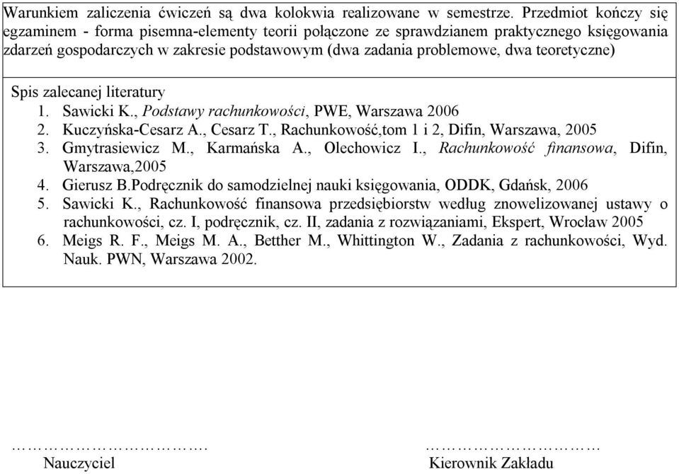 teoretyczne) Spis zalecanej literatury. Sawicki K., Podstawy rachunkowości, PWE, Warszawa 006. Kuczyńska-Cesarz A., Cesarz T., Rachunkowość,tom i, Difin, Warszawa, 005 3. Gmytrasiewicz M.